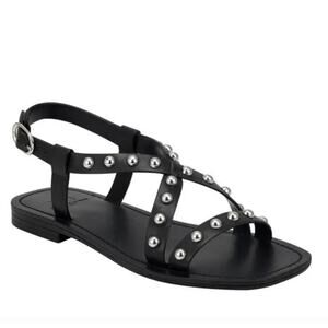 MARC FISHER Fianna Flat Studded Leather Sandals black silver Sz 8